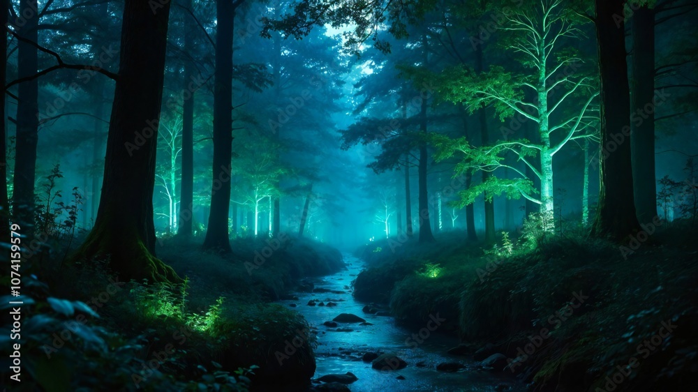 Fototapeta premium Bioluminescent Trees in a Twilight Forest with Glowing Stream