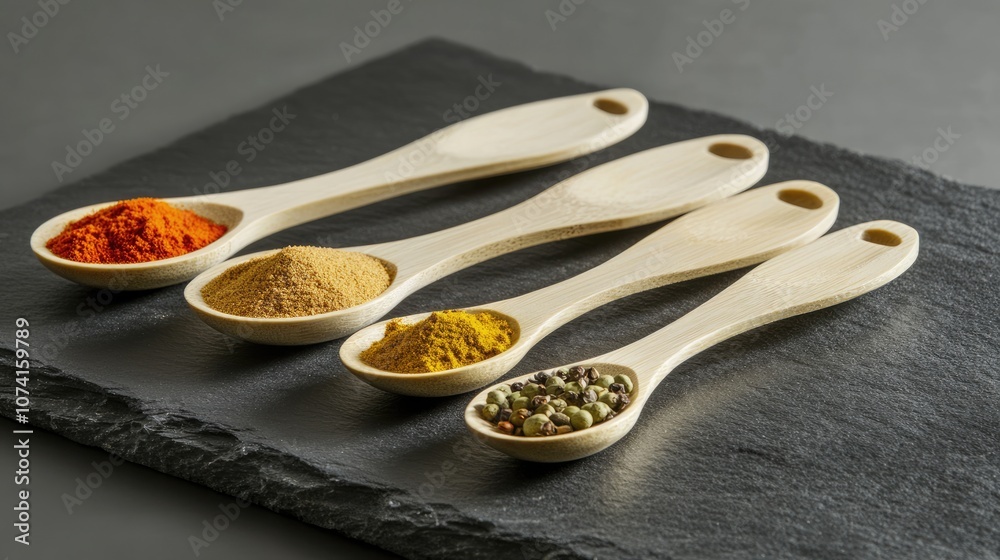 Assortment of Vibrant Spices and Seasonings in Wooden Spoons on Dark Slate Background for Culinary and Food Photography Use Assortment of Vibrant Spices and Seasonings in Wooden Spoons on Dark Slate Background for Culinary and Food Photography Use