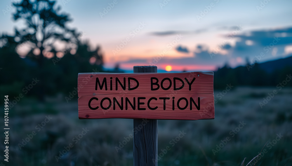 mind body connection text quote on wooden signpost outdoors in nature during blue hour isolated with white highlights, png mind body connection text quote on wooden signpost outdoors in nature during blue hour isolated with white highlights, png