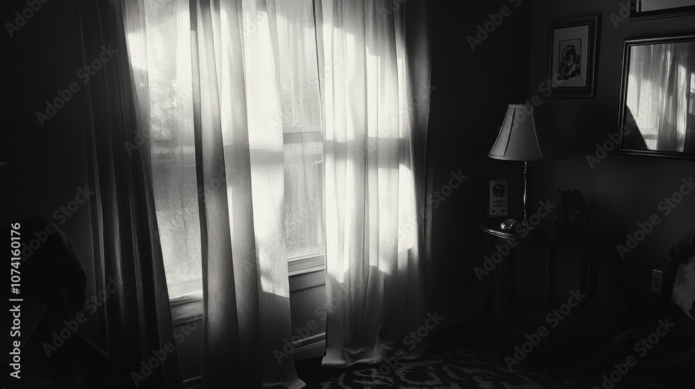 Obraz premium Modern monochrome curtains in layered gray tones, softly gathered with light creating a cozy ambiance