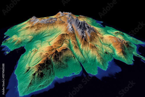 Colorful map of a mountain range with a black background. photo