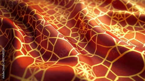 Moroccan-inspired fabric with intricate geometric designs in rich red and orange, evoking cultural depth