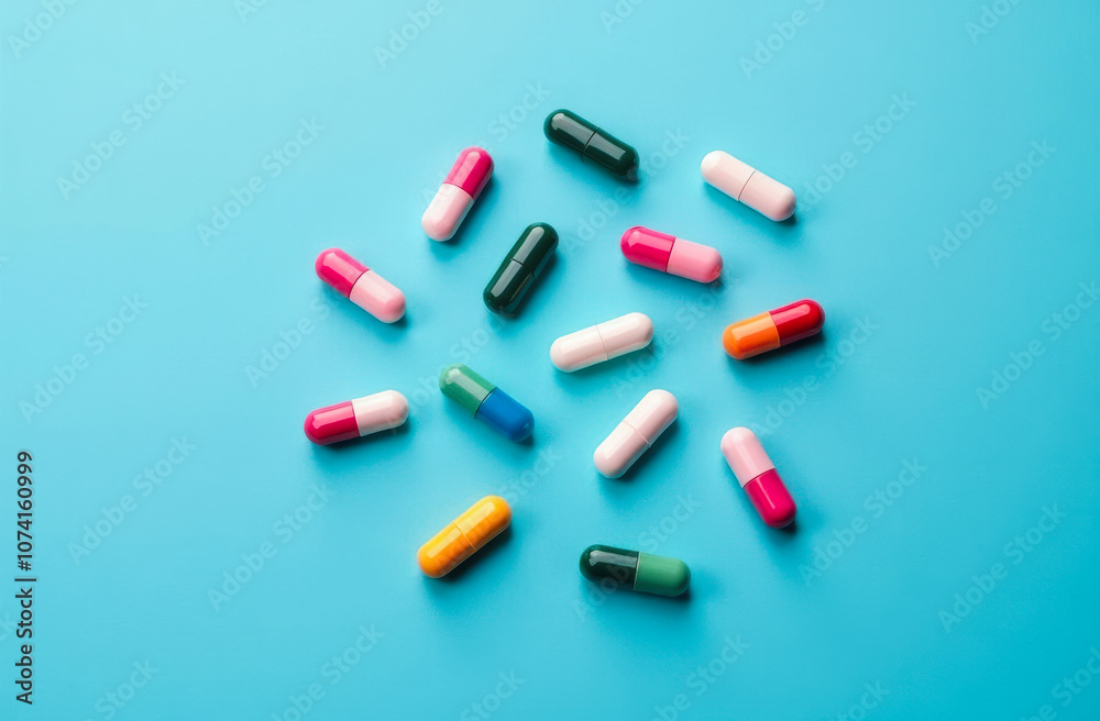 Colorful pills and capsules lie on a blue background