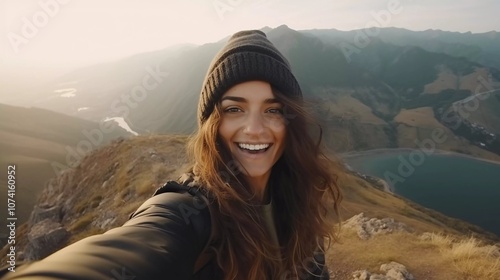 A joyful woman takes a selfie on a mountain peak during sunset, showcasing nature's beauty.