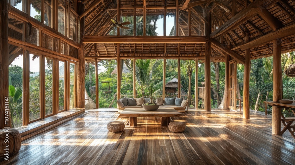 Sunlit Bamboo House with Lush Greenery Sunlit Bamboo House with Lush Greenery