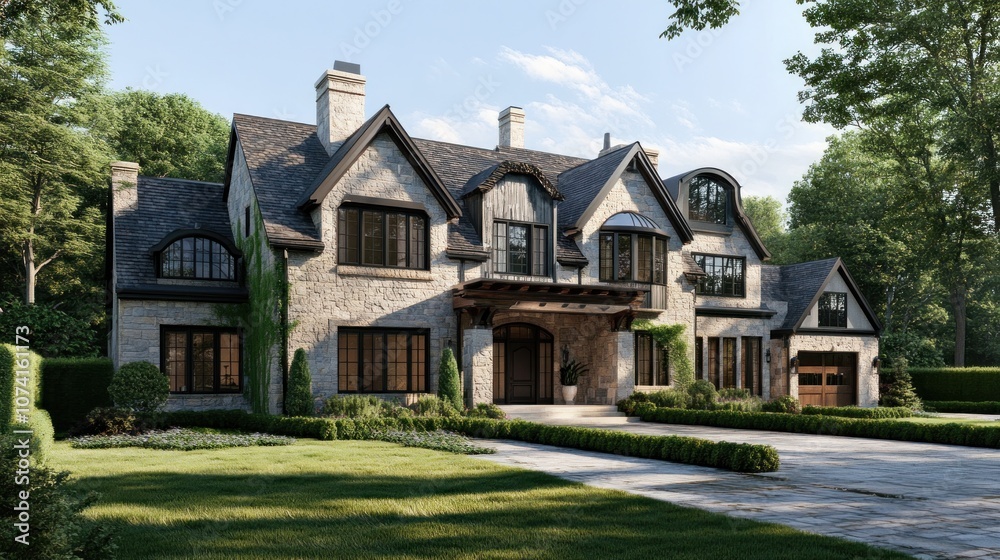Stone Mansion with Lush Greenery and a Paved Driveway Stone Mansion with Lush Greenery and a Paved Driveway