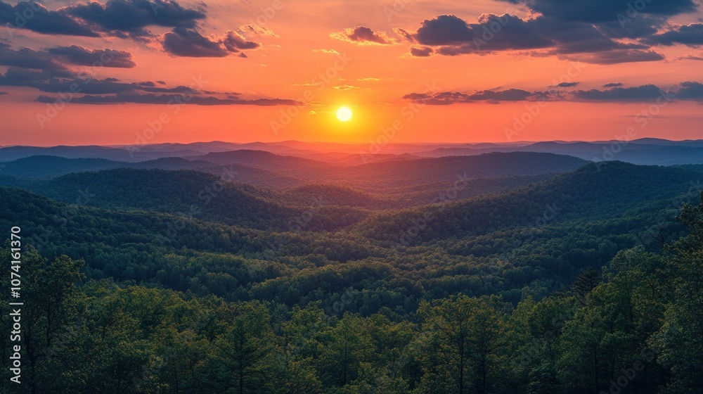 Serene sunset over rolling hills and lush forests. Serene sunset over rolling hills and lush forests.