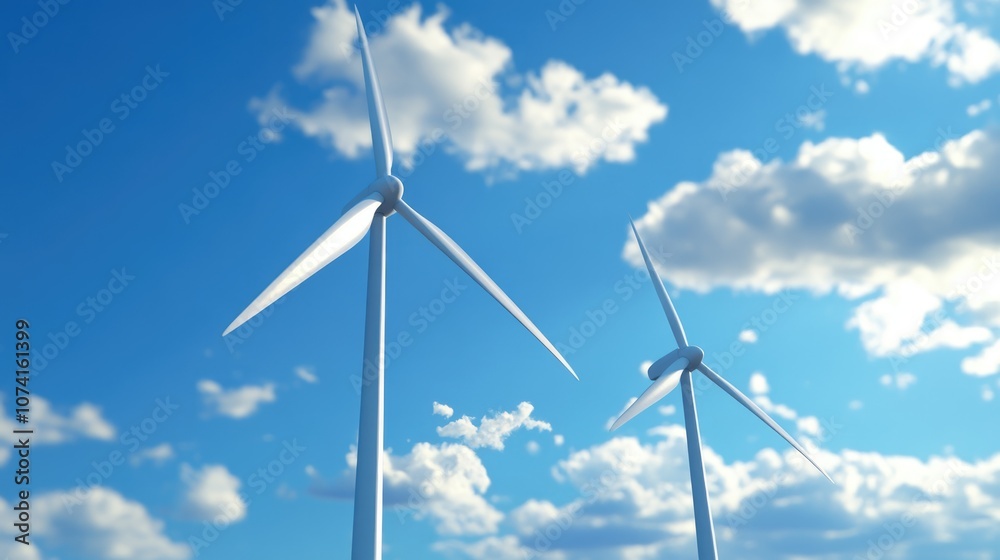 Close up of two wind turbines against a bright blue sky with fluffy white clouds highlighting the significance of modern renewable energy technology in a tranquil environment Close up of two wind turbines against a bright blue sky with fluffy white clouds highlighting the significance of modern renewable energy technology in a tranquil environment