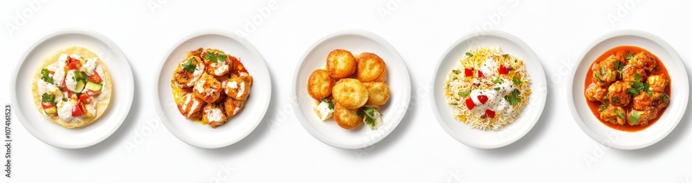 A variety of Indian dishes on white plates, photographed from above. A variety of Indian dishes on white plates, photographed from above.