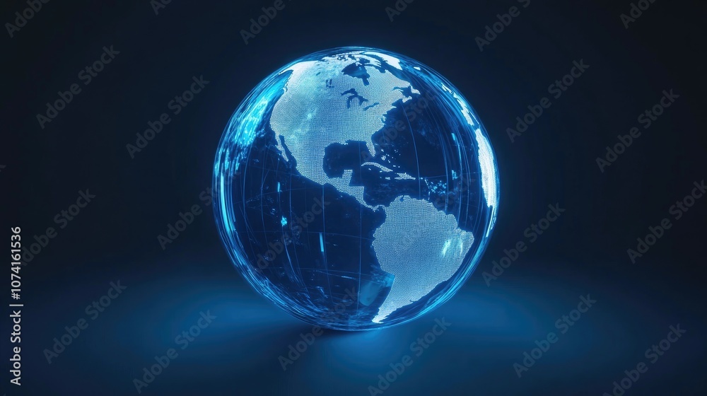 Glowing blue transparent globe on a dark backdrop 3D rendering Glowing blue transparent globe on a dark backdrop 3D rendering