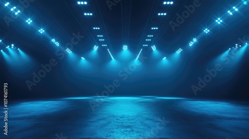 Abstract dark background featuring lines and spotlights with neon lighting creating a nighttime ambiance in an empty blue scene