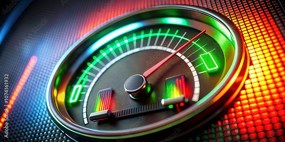 Tilt-Shift Photography of a Gauge Needle LED Illumination Digital Panel with Bar Graph Battery Meter Display Transitioning from Red to Green, Circular Bargraph Instrument for Tilt-Shift Photography of a Gauge Needle LED Illumination Digital Panel with Bar Graph Battery Meter Display Transitioning from Red to Green, Circular Bargraph Instrument for
