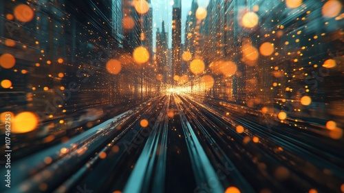 Abstract background featuring blurred bokeh lights from urban office spaces combined with motion elements of train tracks in a double exposure effect