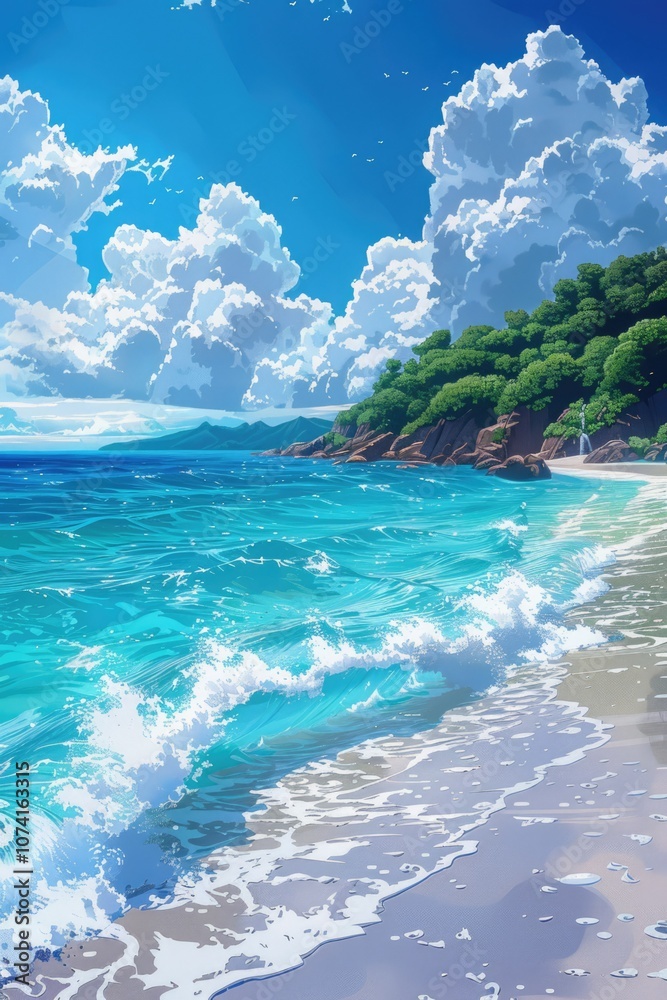 beautiful coastal landscape with a vibrant blue sky, fluffy white clouds, and a crystal-clear ocean. The rocky coastline curves around a sandy beach, where gentle waves lap against the shore. The sce beautiful coastal landscape with a vibrant blue sky, fluffy white clouds, and a crystal-clear ocean. The rocky coastline curves around a sandy beach, where gentle waves lap against the shore. The sce
