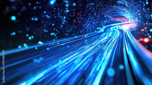 Dynamic blue light streaks representing high speed internet data with glowing lines on a captivating background