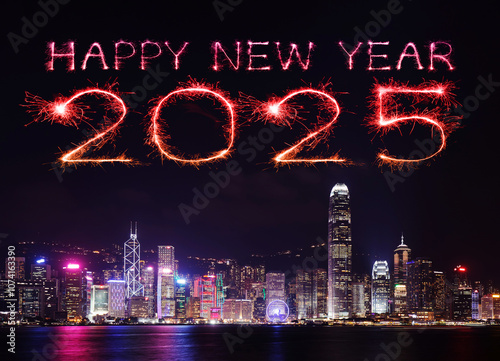 Photography 2025 Happy New Year fireworks over Hong Kong cityscape at night..