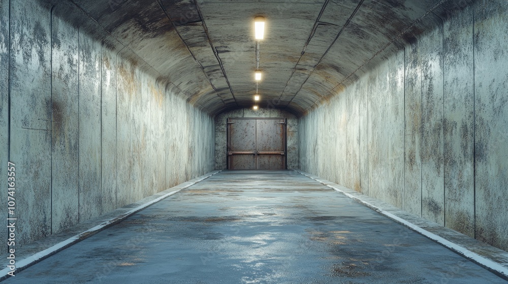 Long tunnel featuring an industrial door within a structured environment Long tunnel featuring an industrial door within a structured environment