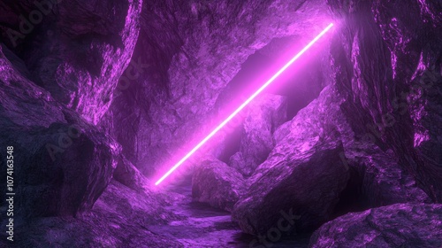 3D rendered abstract background featuring a neon light beam creating a tunnel like corridor with rock formations evoking a sense of motion through outer space