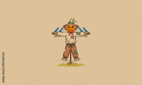 Cheerful scarecrow with birds perched on its arms.