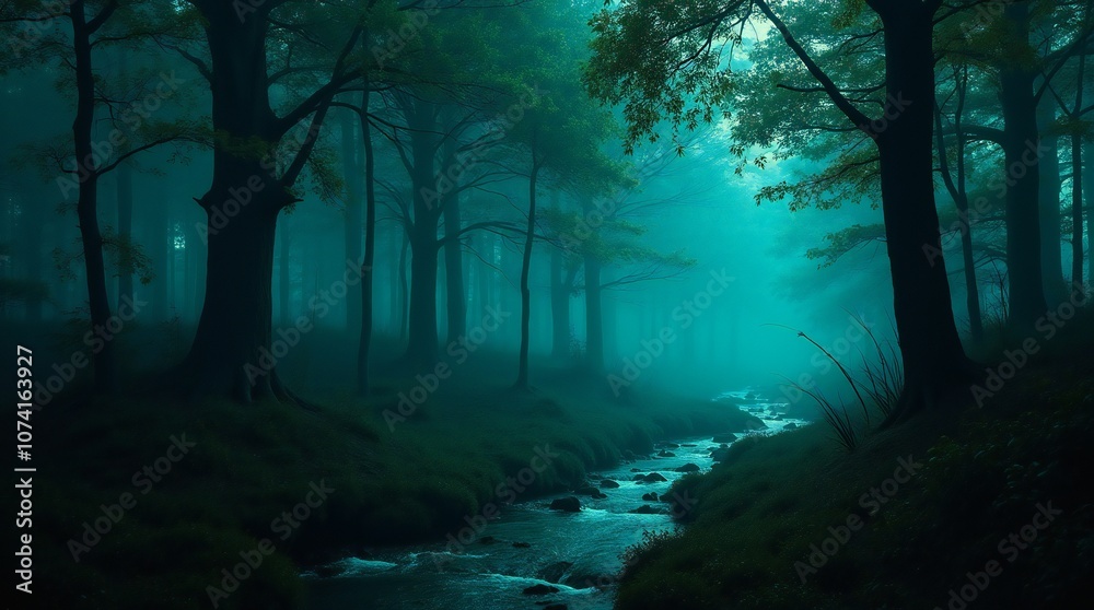 Fototapeta premium Bioluminescent Trees in a Twilight Forest with Glowing Stream