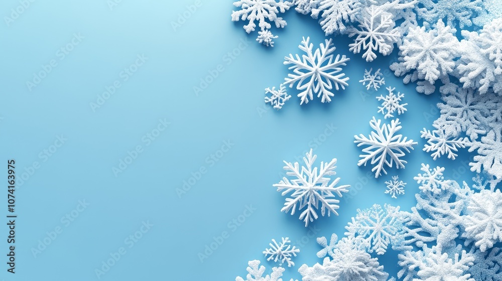Elegant 3D white snowflakes are laid flat on a blue background, providing ample blank space for the winter design template's flat layout. Suitable for Christmas decoration and New Year celebrations Elegant 3D white snowflakes are laid flat on a blue background, providing ample blank space for the winter design template's flat layout. Suitable for Christmas decoration and New Year celebrations