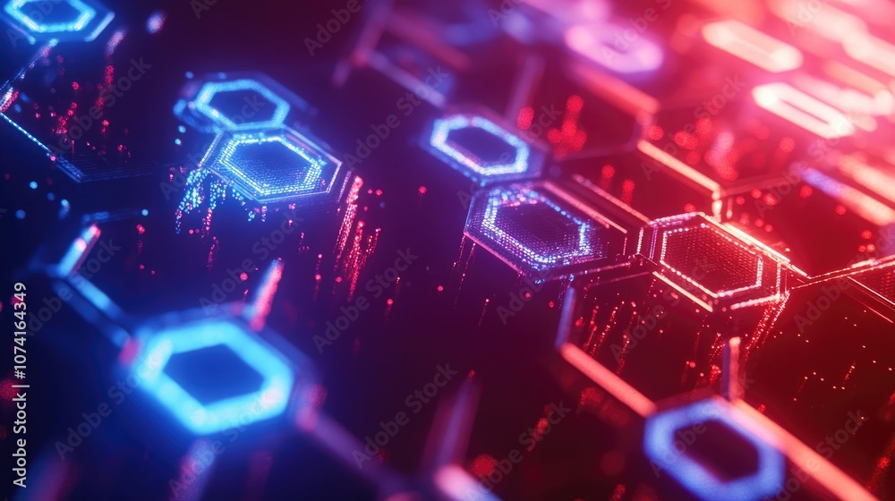 Abstract geometric texture featuring a blue and red hexagon representing concepts of science and technology within a network framework Abstract geometric texture featuring a blue and red hexagon representing concepts of science and technology within a network framework