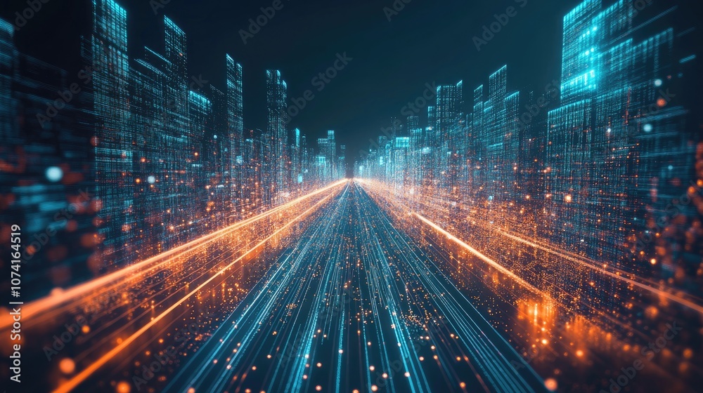3D rendering of an abstract highway surrounded by digital towers Represents concepts of big data machine learning artificial intelligence and high speed networks 3D rendering of an abstract highway surrounded by digital towers Represents concepts of big data machine learning artificial intelligence and high speed networks