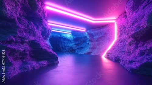 3D rendered abstract background featuring a neon light beam creating a tunnel like corridor with rock formations evoking a sense of motion through outer space