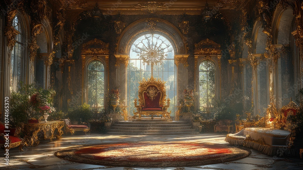 Obraz premium A grand throne room with ornate gold detailing and a large window overlooking a garden.