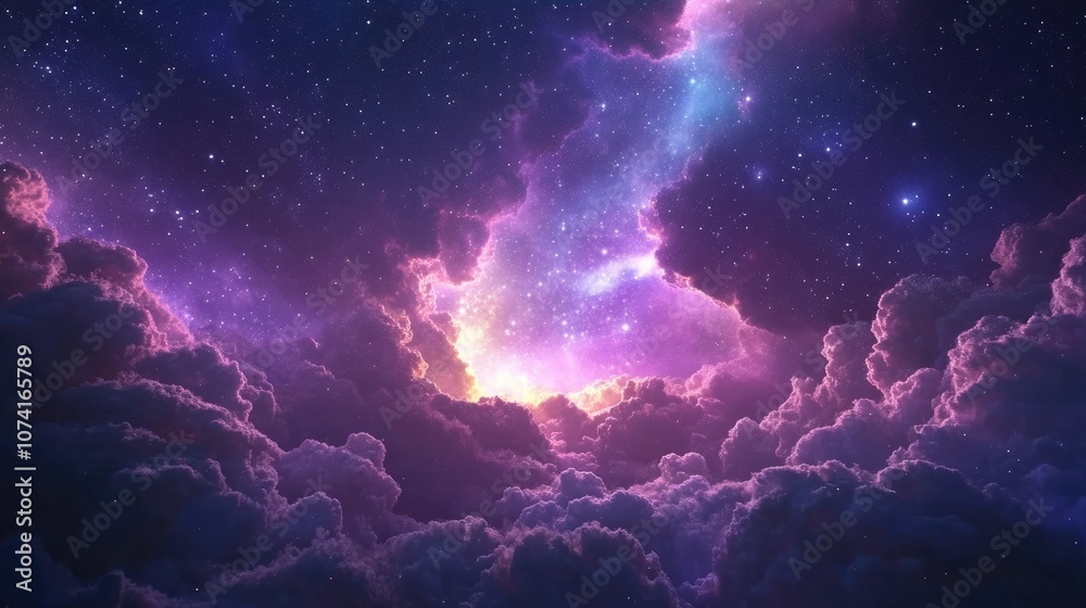 Fototapeta premium Futuristic abstract space background featuring a night sky with stars and nebula in a 3D cartoon rendering