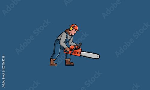 Worker using a chainsaw with protective gear.
