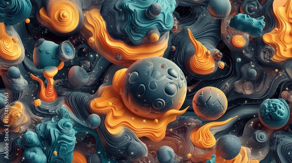 Abstract geometric seamless background featuring 3D cartoon rendering of elements from cosmos flames physical phenomena and concepts in nature and medicine Abstract geometric seamless background featuring 3D cartoon rendering of elements from cosmos flames physical phenomena and concepts in nature and medicine