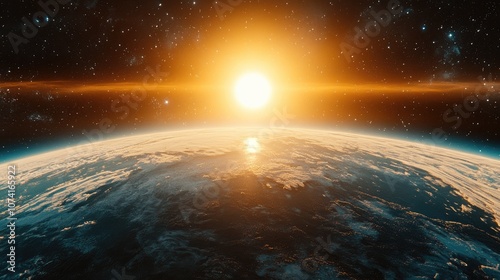 Beautiful Earth depicted in a 3D cartoon rendering Panoramic perspective of the planet sun stars and galaxy Sunrise viewed from space