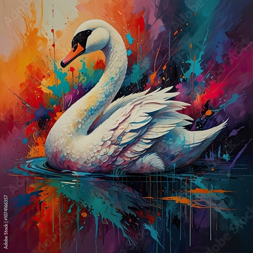 The elegant swan moves smoothly through the vibrant water surrounded by dynamic splashes of color that create an artistic atmosphere photo