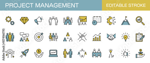 Project management line icons set. Vector illustration, editable stroke, color
