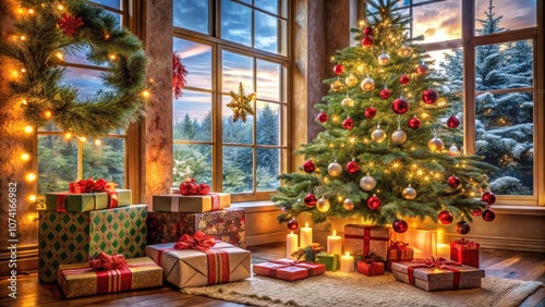 Cozy Christmas Morning: Presents Under the Tree with Twinkling Lights, Ornaments, and a Warm Atmosphere for Holiday Cheer photo