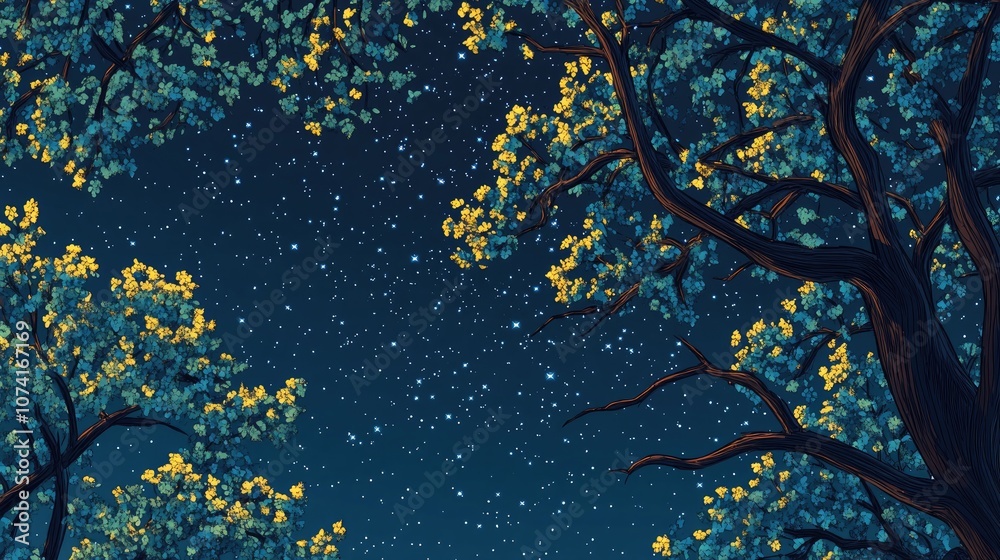 Night sky background featuring stars above oak tree branches in early spring rendered in 3D cartoon style Night sky background featuring stars above oak tree branches in early spring rendered in 3D cartoon style
