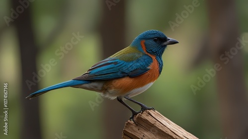 Cute bird perching on top mossy stick background in shaded sun lighting, amazing nature