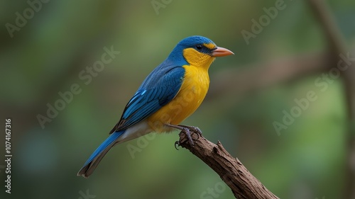 Cute bird perching on top mossy stick background in shaded sun lighting, amazing nature