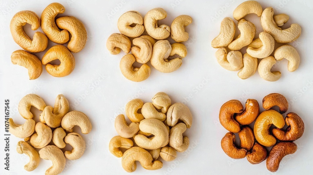 Varieties of Cashew Nuts Displayed on a Clean Surface Generative AI Varieties of Cashew Nuts Displayed on a Clean Surface Generative AI