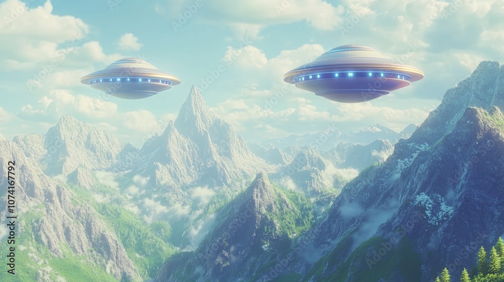 Fototapeta premium UFO and space saucer flying over high mountains in a summer landscape depicted in 3D cartoon rendering showcasing an extraterrestrial invasion