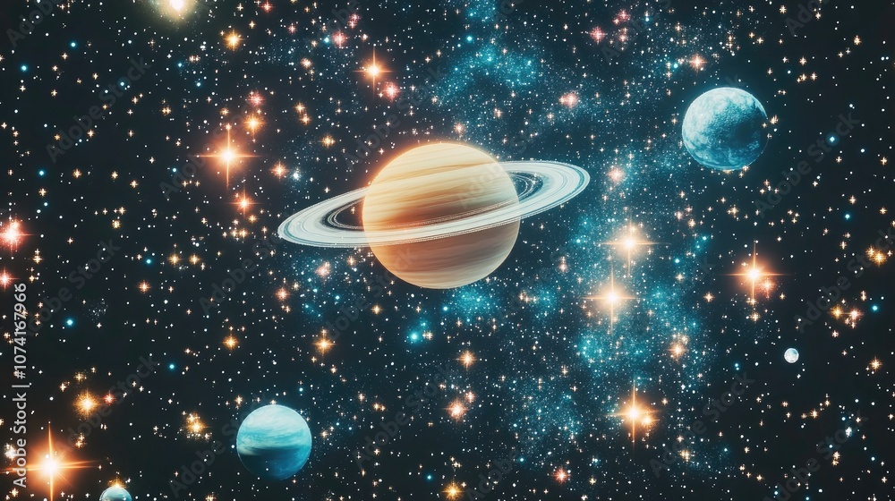 2D illustration featuring a 3D cartoon rendering set against a realistic star pattern background in empty interstellar space Includes bright flashing stars planets moons and various imaginative sc