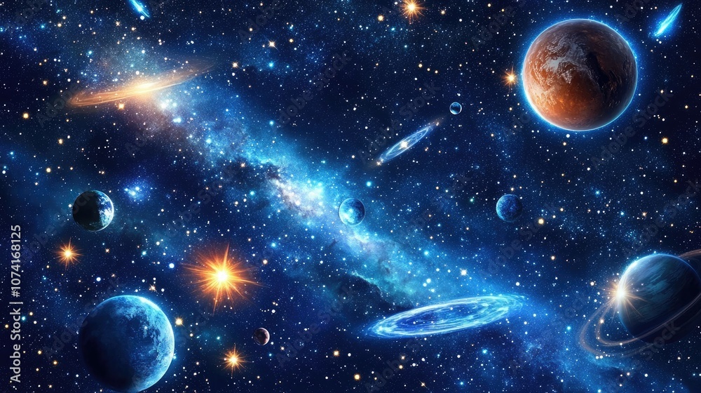 Fototapeta premium 2D illustration in 3D cartoon rendering A realistic background featuring a star pattern in deep interstellar space with bright flashing stars planets and moons Various creative science fiction bac