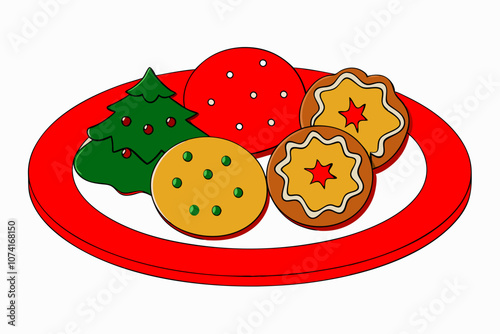 Christmas desserts, cocoa with marshmallow, cookies, cake piece. Festive hot drink in cup, holiday biscuits, pastry, served winter sweet food. Flat vector illustration isolated on white background