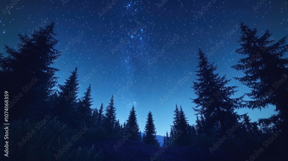 Night starry sky over forest in a 3D cartoon rendering Natural sky Night starry sky over forest in a 3D cartoon rendering Natural sky