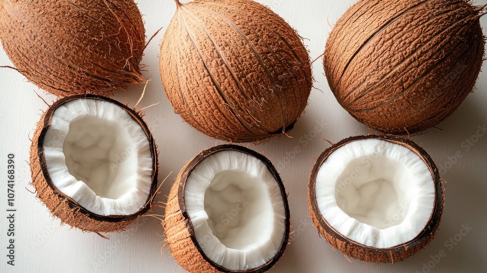Fresh Coconuts Halved to Reveal White Flesh and Shell Details Generative AI