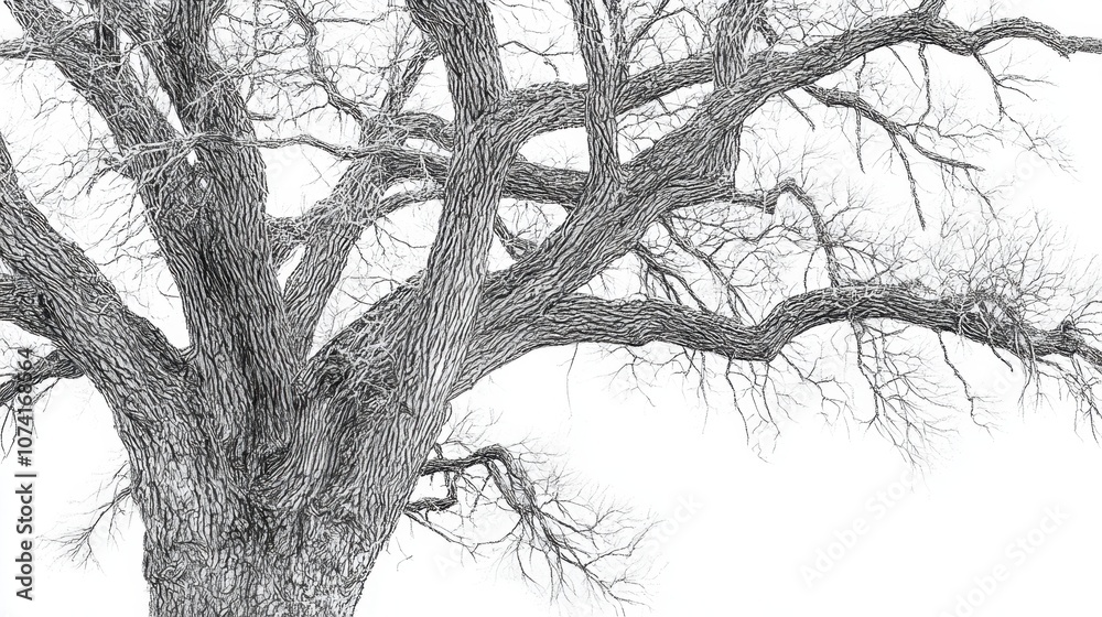 Fototapeta premium Realistic line art of a tree with bare branches, each line adding texture and depth on white