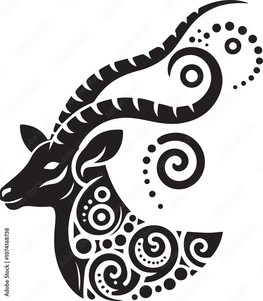 Fototapeta premium Silhouette of an antelope with a decorative spiral pattern in its horns