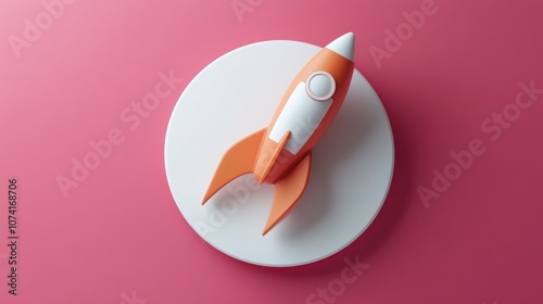 Icon Rocket on a white circle with a long shadow in a 3D cartoon rendering