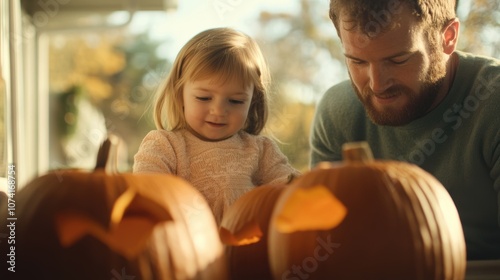 A father and his daughters actively carve pumpkins, sharing laughter and creativity during a bright autumn afternoon